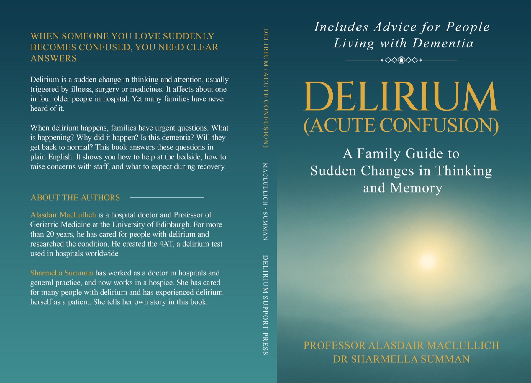 Complete paperback cover spread for Delirium (Acute Confusion): A Family Guide, showing the back cover, spine and front cover